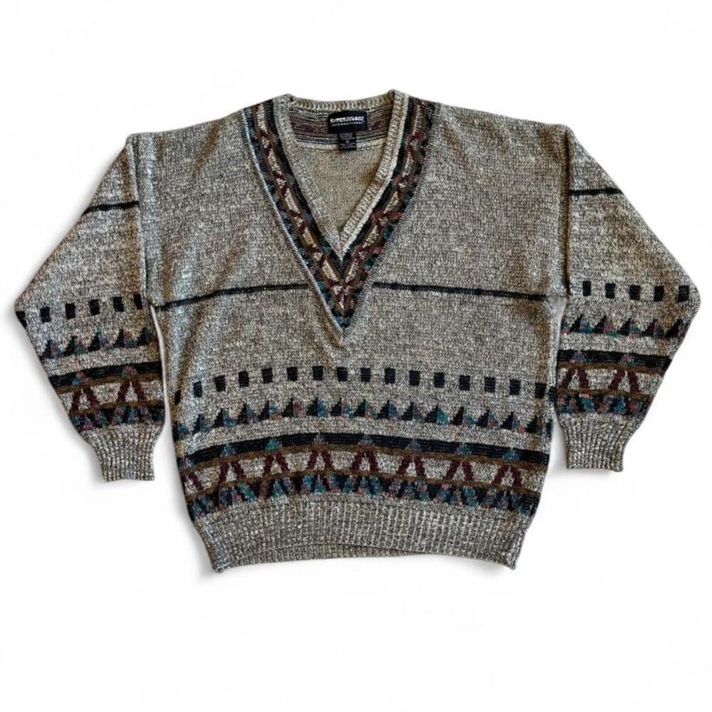 90s Vintage Oversized Gray V-Neck Sweater – Grandpa Grunge Knit XL/XXL